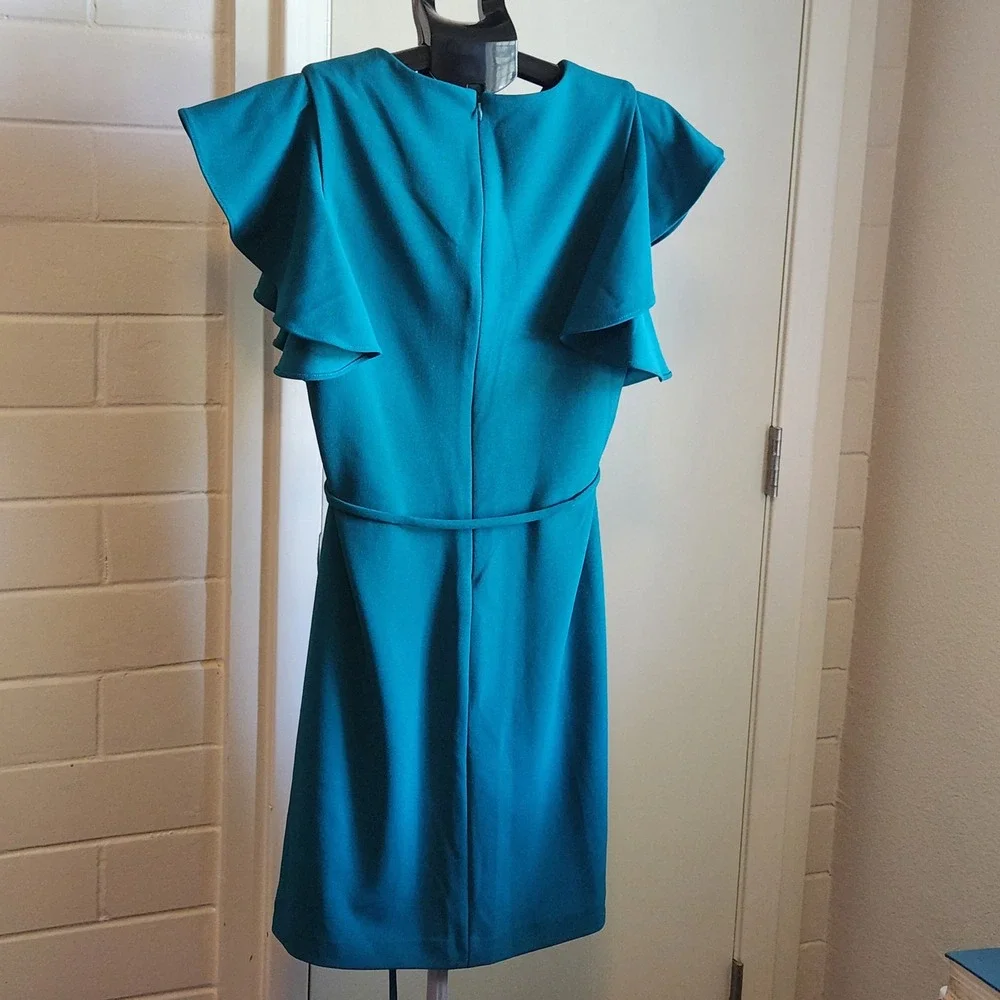 Calvin Klein Womens Teal Ruffle Sleeve‎ Sheath Dress Size 10 Belted Knee Length